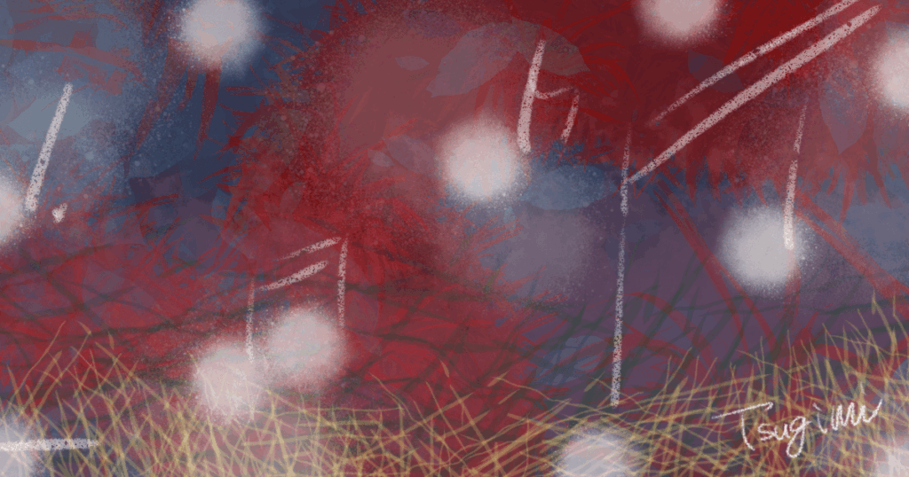 心の中を表現した背景の上に、白い音符が自由に配置されたイラスト。