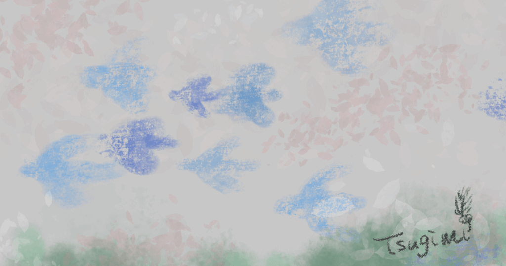 渡り鳥の群れをイメージしたイラスト。