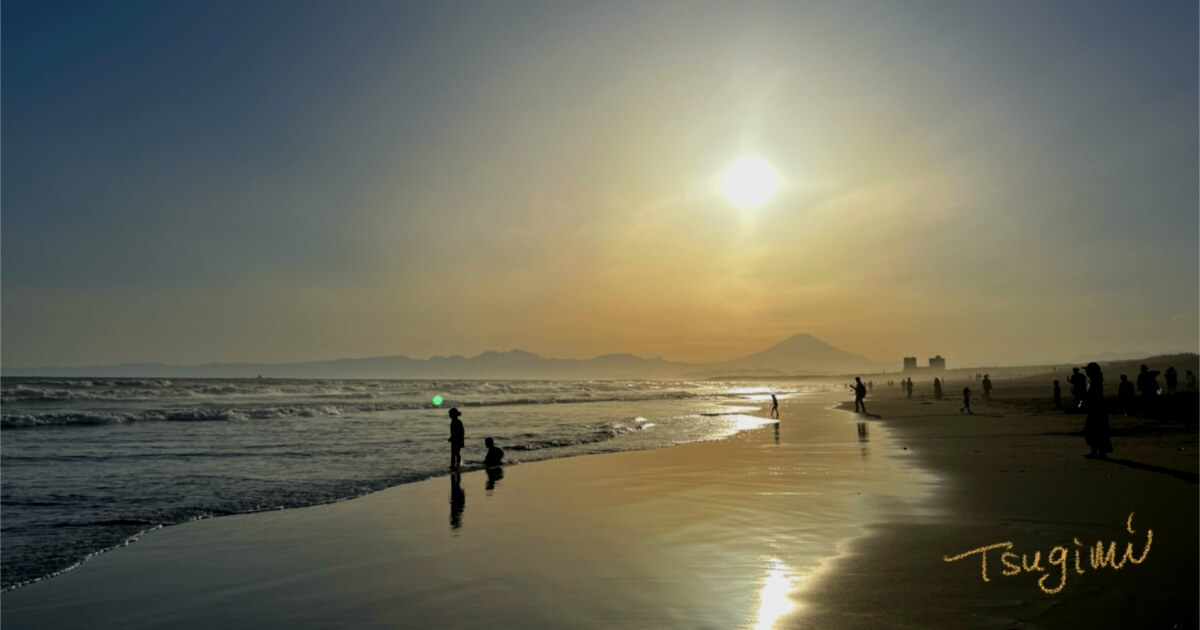 夕日に照らされた海岸の写真。