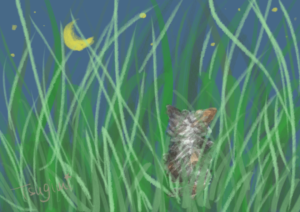 草むらから月を見る三毛猫のイラスト