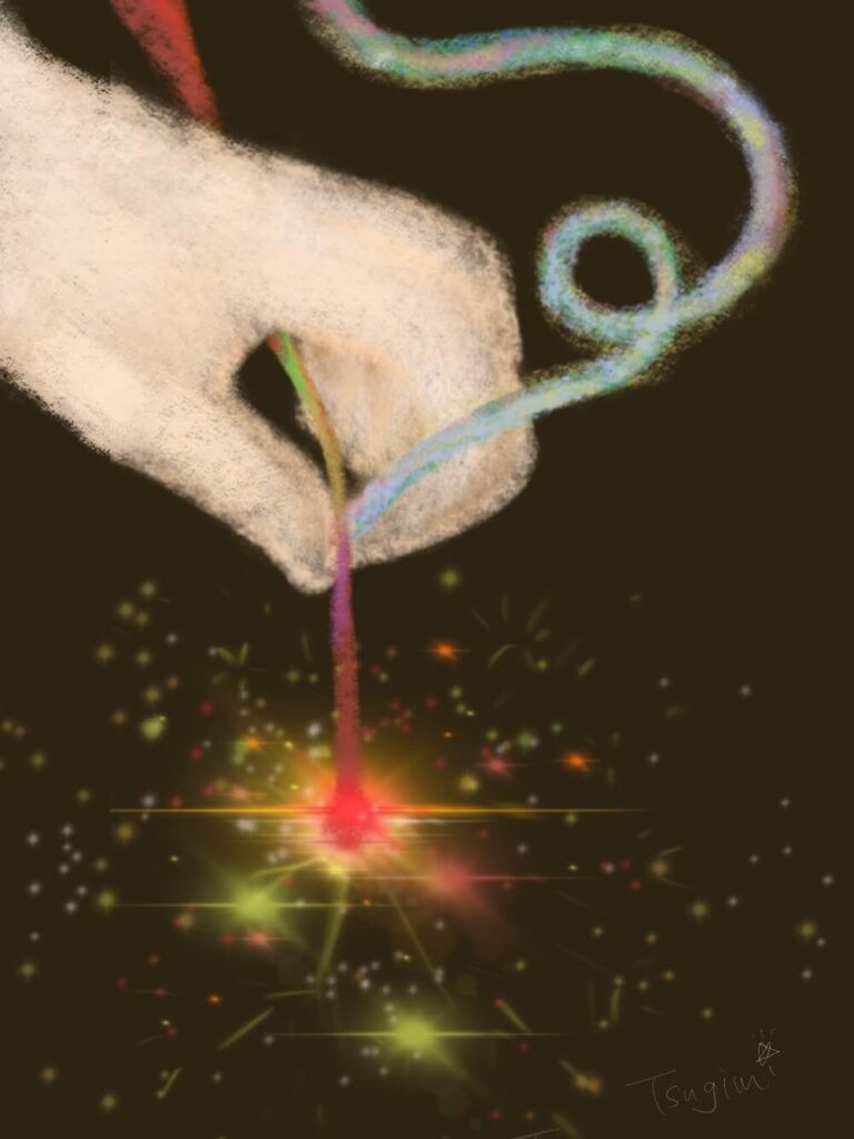 線香花火と毛糸を持つ手のイラスト